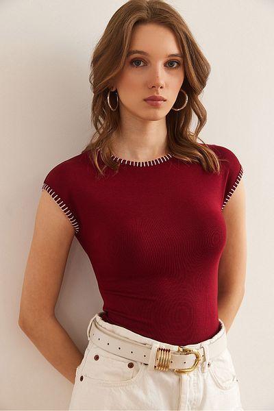 Olalook Bluză elastică cu cusături roșii Claret pentru femei BLZ- 19002895