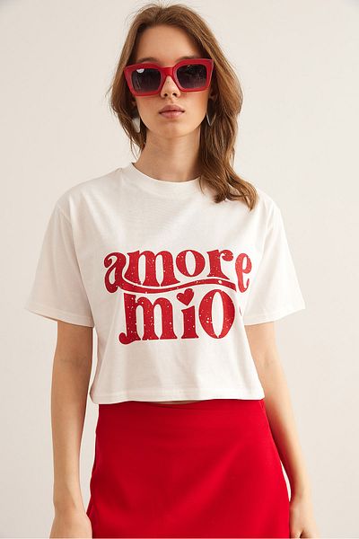 Olalook Women's Ecru Amore Printed Crop Cotton T-Shirt Tsh- 19000858