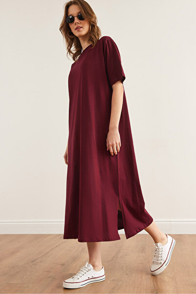 Olalook Γυναικείο μπορντό φόρεμα με σκίσιμο στο πλάι, βαμβακερό φόρεμα ELB- 19001880