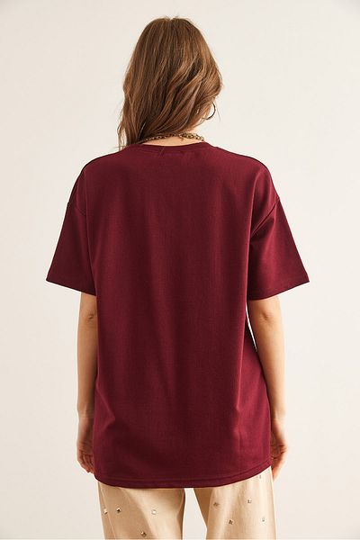 Olalook Tricou pentru femei, burgundy, leopard, imprimat Newyork, cu 2 fire, cu potrivire confortabilă TSH- 19000849