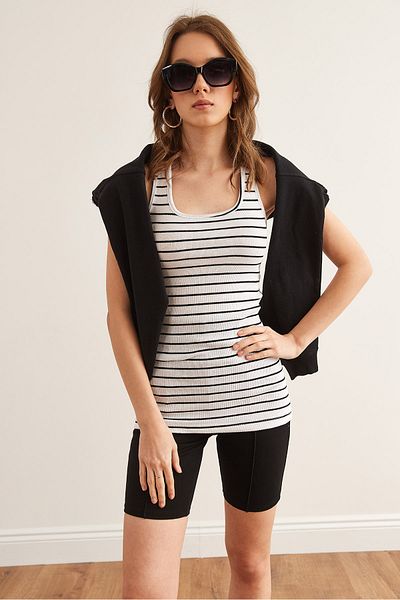 Olalook Gestreiftes weißes langes Camisole-Unterhemd für Damen ATL- 00000003