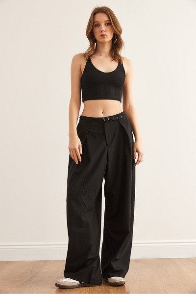 Olalook Pantaloni Palazzo Poliviskon cu buzunare cu centură neagră pentru femei PNT- 19000320