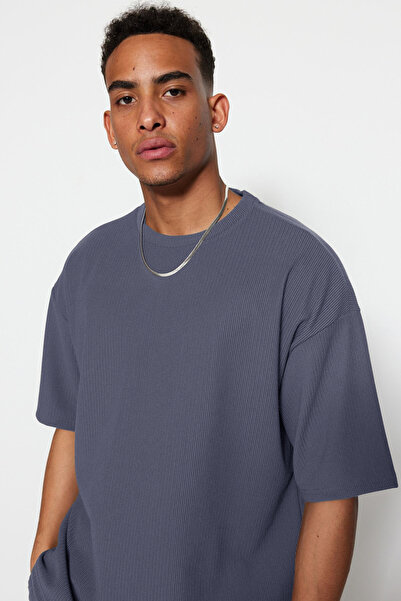 Trendyol Collection Indigo Textured Oversize Ottoman T-Shirt - Crew Neck, κοντό μανίκι - TMNSS23TS00081