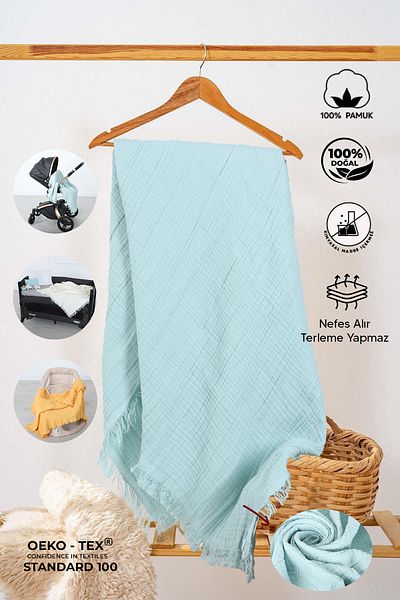 Huggy Mint Green Muslin Baby Blanket 100X130 – 4 Layer Cotton Cover / Swaddle