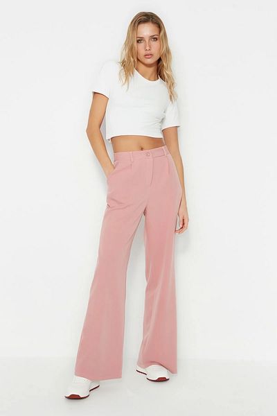 Trendyol Collection Ψηλόμεσο φαρδύ πλισέ παντελόνι - Dusty Rose Woven ύφασμα TWOAW21PL0076