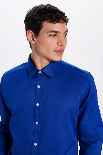 Tudors Синя мъжка риза Slim Fit с дълъг ръкав Premium Series Cotton Lycra Saks