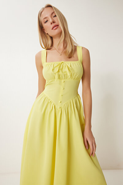 Happiness İstanbul Kadın Sarı Korse Görünümlü Poplin Midi Elbise UB00316