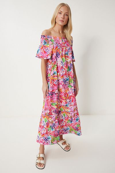 Happiness İstanbul Women Dark Pink Carmen Collar Floral Summer Knitted Dress Ub00356