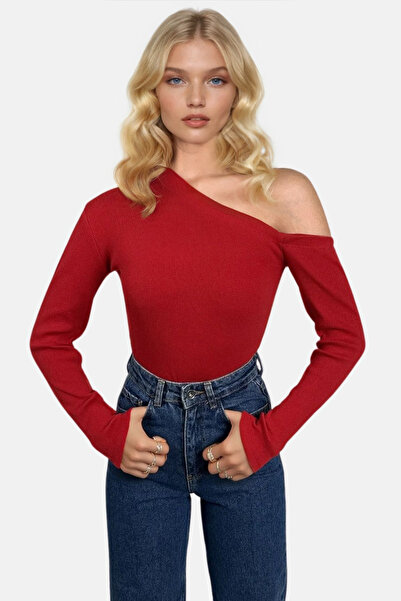 Trend Alaçatı Stili Női piros csónaknyakú, váll nélküli kamisole blúz ALC-X13068