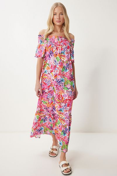Happiness İstanbul Women Dark Pink Carmen Collar Floral Summer Knitted Dress Ub00356