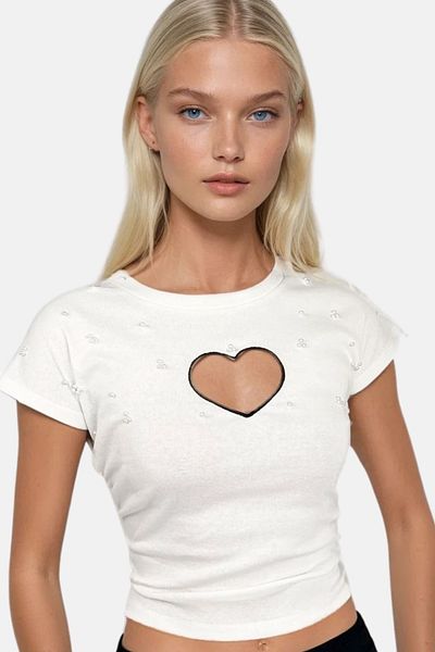 Trend Alaçatı Stili Dámská Ecru Crew Neck Heart Embroidered Pearl Embroidered Blůza ALC-X13591