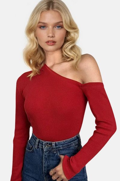 Trend Alaçatı Stili Women's Red Boat Neck One Shoulder Off Shoulder Camisole Blouse Alc-X13068