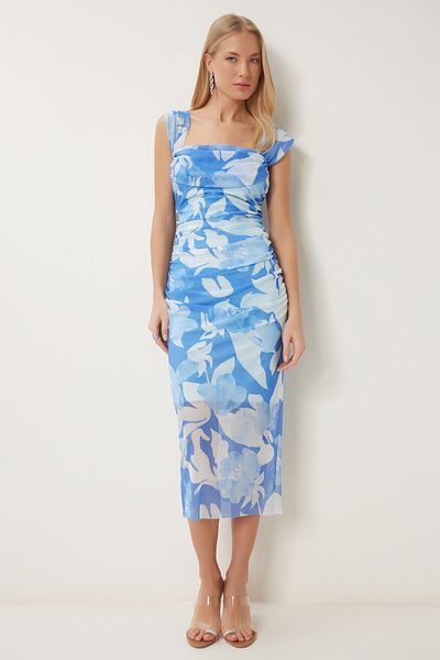 Happiness İstanbul Blaues, drapiertes, gemustertes Midikleid für Damen UB00338