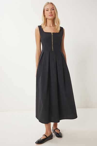 Happiness İstanbul Women's Black Zipper Detailed Midi Poplin Dress Ub00340