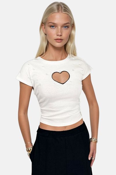 Trend Alaçatı Stili Dámská Ecru Crew Neck Heart Embroidered Pearl Embroidered Blůza ALC-X13591