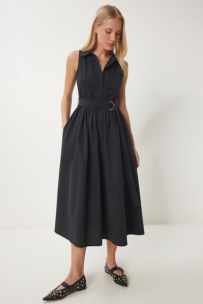 Happiness İstanbul Schwarzes Popeline-Midi-Hemdkleid mit Gürtel für Damen UB00354