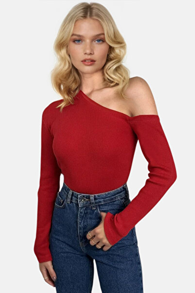 Trend Alaçatı Stili Női piros csónaknyakú, váll nélküli kamisole blúz ALC-X13068