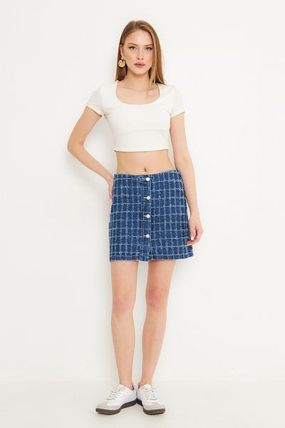 Trendyol Collection Fusta mini din denim cu detaliu cu nasturi cu textura albastra TWOSS25ET00170