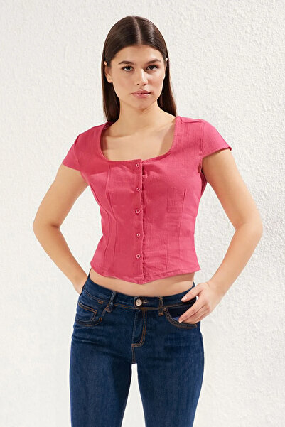 Trendyol Collection Fuchsia Front Button Detail Short Sleeve Square Neck Wove...