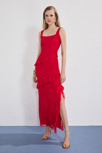 Trendyol Collection Rotes Tüll-Maxi-Abendkleid für die Nacht, Abschlusskleid TPRSS25AE00174