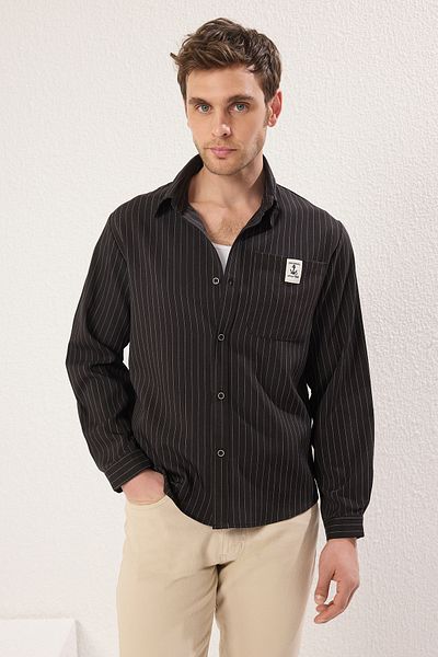 Trendyol Collection Men's Black Striped Regular Shirt Tmnss25Go00031