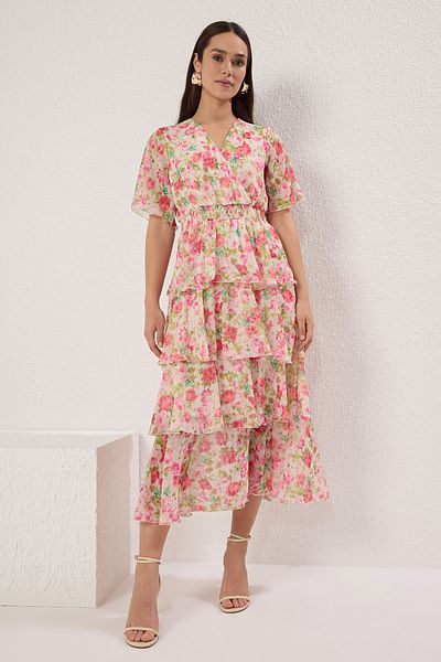 Trendyol Collection Ροζ φλοράλ φούστα με λαιμόκοψη σιφόν Flight Flight υφαντό μίντι φόρεμα TWOSS25EL00451