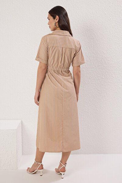 Trendyol Collection Καφέ ζωσμένο ριγέ φόρεμα σε γραμμή Α μίντι TWOSS25EL00647