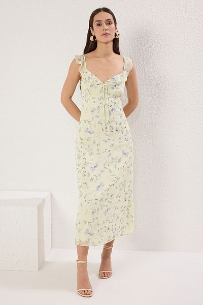 Trendyol Collection Gelbes, geblümtes, gewelltes Midi-Webkleid in A-Linie TWOSS25EL00568