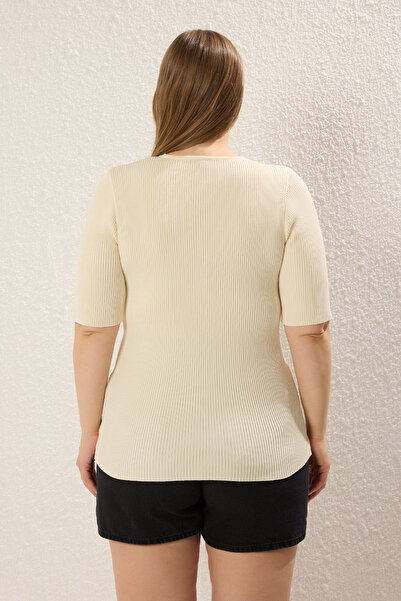 Trendyol Curve Ribbed Ecru Knitwear Blouse - Ribbon and Bow Details