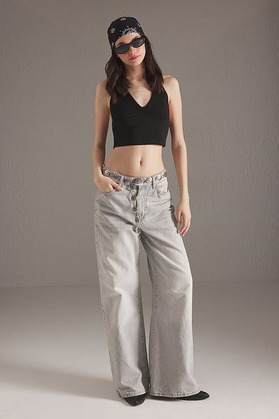 Trendyol Collection Μαύρη Super Crop Πίσω Λεπτομερής πλεκτή λεπτή μπλούζα TWOSS22BZ0760