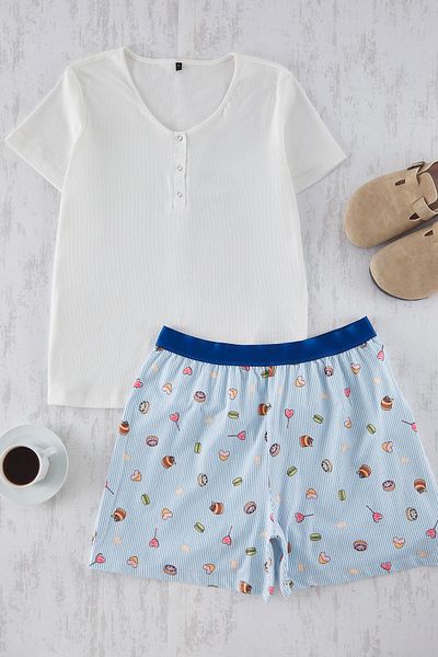 Trendyol Curve Blue Camisole Pajamas Set with V-Neck Stripes and Leisure Pattern - Tbbss25Ai00067