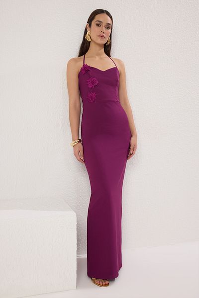 Trendyol Collection Pflaumenrosa, detailliertes, gewebtes, langes, elegantes Abendkleid, Nachtabendkleid TPRSS25AE00164