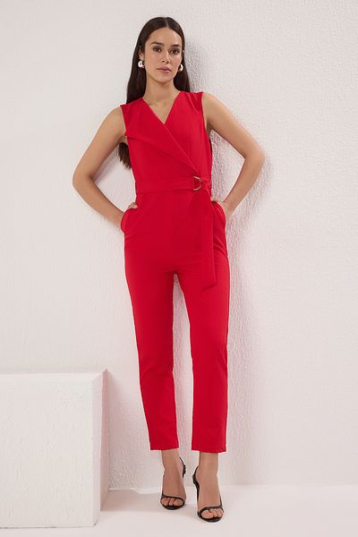 Trendyol Collection Rot-weißer, farbblockierter, zweireihiger, gewebter Overall mit Kragen und Bindedetail TWOSS20TU0019