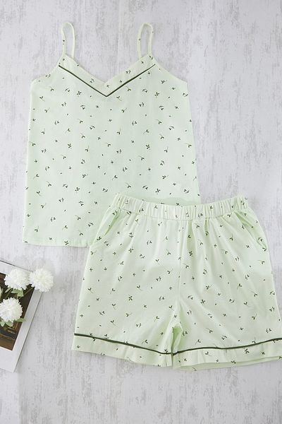 Trendyol Curve Mint Floral Patterned Bias Knitted Pajamas Set Tbbss25Ai00110
