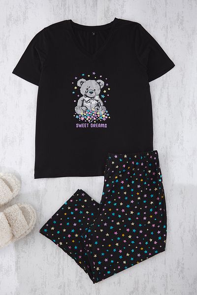 Trendyol Curve Schwarzes Capri-Pyjama-Set mit Teddybär- und Sternmuster und V-Ausschnitt TBBSS25AI00068