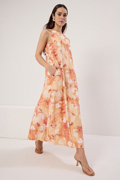 Trendyol Collection Orange Tropical Straight Cut Maxi Woven Dress Twoss25El00208