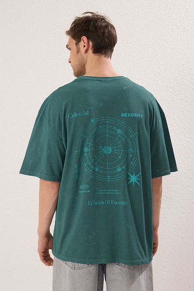 Trendyol Collection Πράσινο μπλουζάκι Galaxy Printed Oversize - Πτυσσόμενο/Χλωμό εφέ TMNSS25TS00076