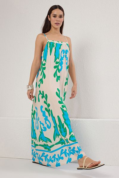 Trendyol Collection Blaues, tropisches, gerades Maxi-Webkleid TWOSS25EL00578