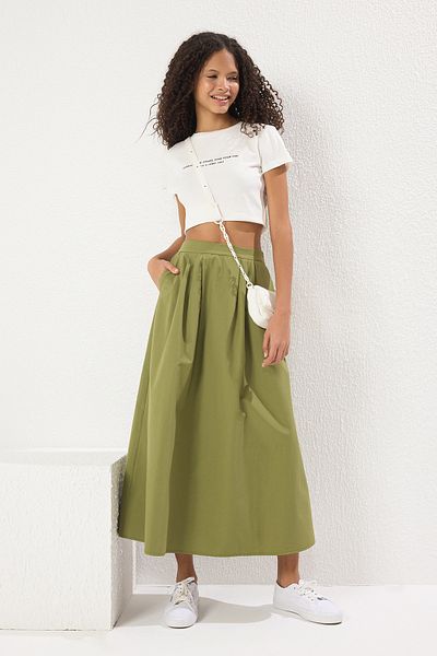 Trendyol Collection Khaki redős részletes maxi hosszúságú szőtt szoknya TWOSS25ET00158