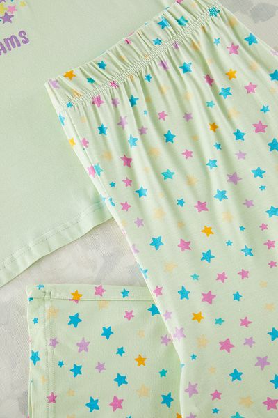 Trendyol Curve Mintgrünes Capri-Viskose-Strickpyjama-Set mit Teddybär- und Sternmuster und V-Ausschnitt TBBSS25AI00068