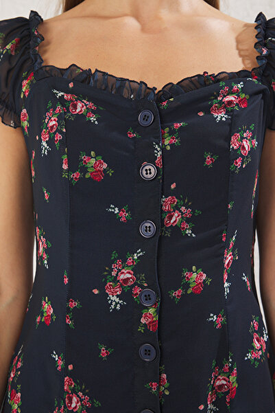 Trendyol Collection Námořnická modrá Květinová podšívka Šifon Flight Flight Tkané midi košilové šaty TWOSS25EL00563