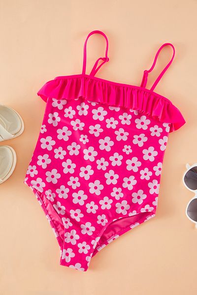 TRENDYOLKIDS Rosa Mädchen-Badeanzug mit Rüschen und Blumenmuster TKDSS25MA00004