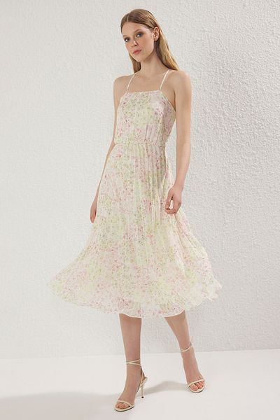 Trendyol Collection Pleated Midi Ecru Floral Print Dress - Waist Opening Skirt Twoss25El00581