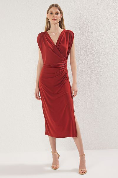 Trendyol Collection Tile Plain Shirred - Midi Shirred with Drape and Detailed Double Breasted Collar Knitted Dress