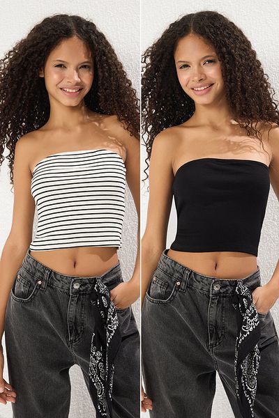 Trendyol Collection Комплект от 2 вталени къси бюстиета с гъвкава плетка в черно-бяло TWOSS25BS00005