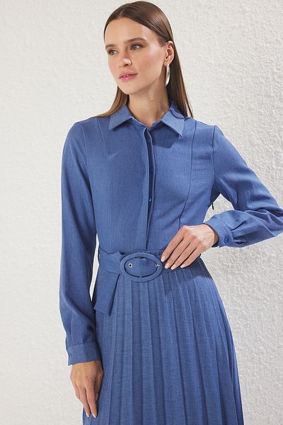 Trendyol Modest Φόρεμα Saks Ζώνη Πλισέ Υφαντό TCTSS25EB00115