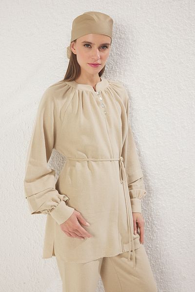 Trendyol Modest Mink lenvászon kevert gyöngyház gombos szőtt alsó-felső készlet TCTSS25US00030