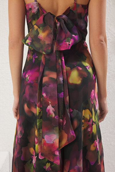 Trendyol Collection Vícebarevné A-Line Mašle Podšitý šifon Dlouhé letové večerní šaty Šaty pro návrat domů TPRSS25AE00152