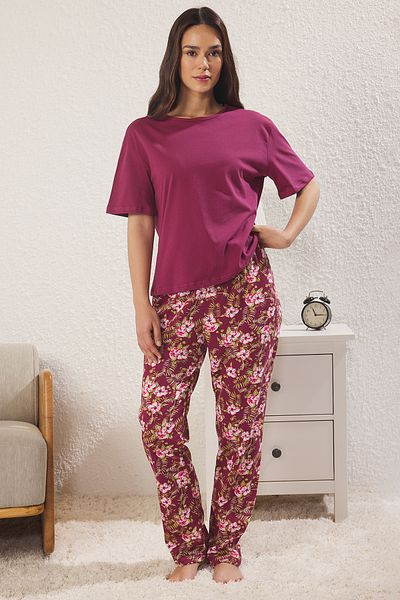 Trendyol Collection Pyjama-Set aus Baumwolle mit Blumenmuster Fuchsia-Mehrfarbig ORNEK_24PT00230