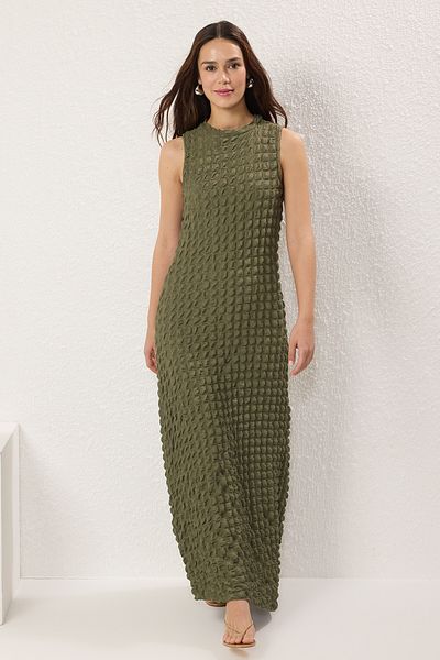 Trendyol Collection A-Line Bell Form Crew Neck / Maxi Dress - Khaki Plain Texture